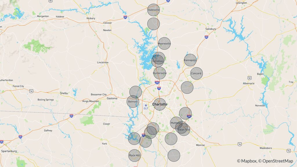 Map displaying the Charlotte property management areas served by Homevault Propery Management