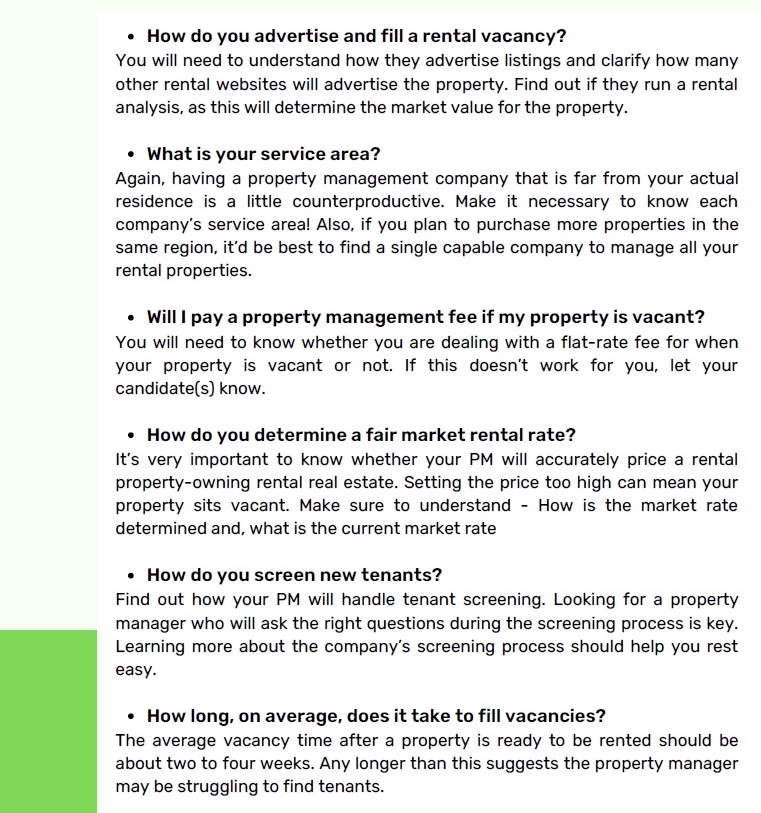 A screenshot of HomeVault's top 10 picks for questions to ask a property manager when in search for a professional to manage your property.