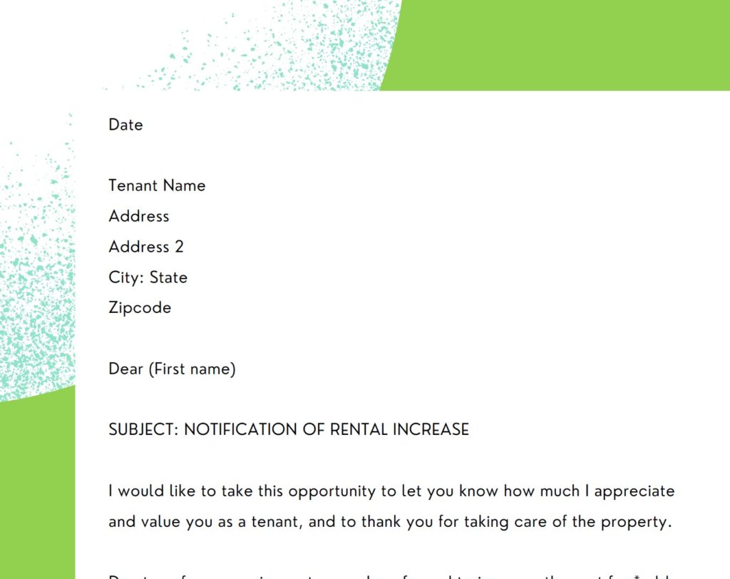 A screenshot of the friendly rent increase letter sample, offered in PDF format