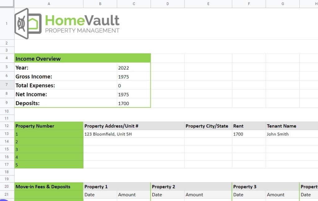 A snapshot of the content of the HomeVault Rental Income Calculator offered in Excel format